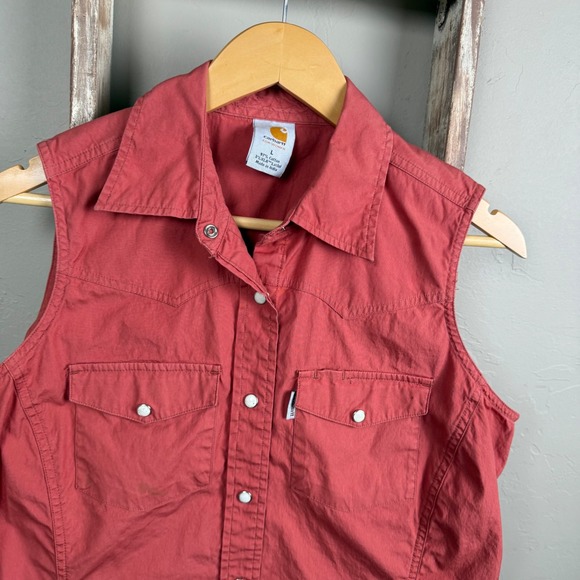 Women's Carhartt Pink Sleeveless Pearl Snap Shirt size Large - Picture 2 of 6